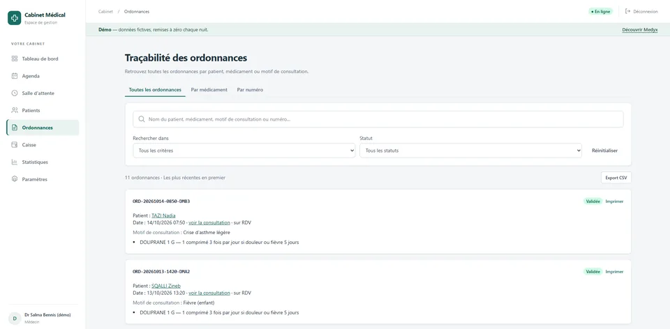 Traçabilité des ordonnances dans Medyx : recherche par patient, médicament ou motif, et ordonnances validées.